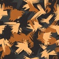 Camouflage hand drawn camo with brush strokes. Grunge wing pattern. Orange and black background. Textile printing. Vector