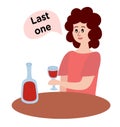 Alcoholism problem. Alcohol abuse and addiction. Alcoholic woman character. Drunk girl sit alone at table with bottle of wine Royalty Free Stock Photo