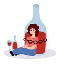 Alcoholism problem. Alcohol abuse and addiction. Alcoholic woman character. Drunk girl is chained to a bottle Royalty Free Stock Photo