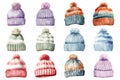 Watercolor winter knitted hat set, winter accessories, vector illustration Royalty Free Stock Photo