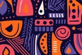 0's retro background with hand drawn shapes and letters, orange and navy, african-inspired textile patterns, bold geometric