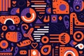 0's retro background with hand drawn shapes and letters, dark orange and navy, african-inspired textile patterns, bold