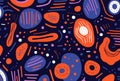 seamless pattern with abstract shapes and dots, orange and navy, bold patterns and typography, playful doodles, rusticcore