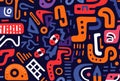 seamless pattern with abstract shapes and dots, orange and navy, bold patterns and typography, playful doodles, rusticcore