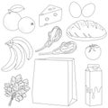 Paper shopping bag and groceries. Supermarket shopping for food products. Vector black and white coloring page. Royalty Free Stock Photo