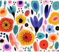 abstract illustration in cartoon style flower and leaves patterns with, irregular shapes, bold brush strokes, alma woodsey thomas