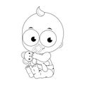 Cute baby playing with a teddy bear. Little baby boy with big toy. Child holding teddy bear. Vector black and white coloring page Royalty Free Stock Photo