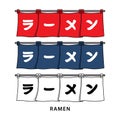 Traditional horizontal banner (entrance curtain) japanese ramen cart, house, shop vector style. Kanji translation Ramen.