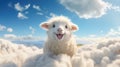 Cheerful white sheep with their tongues sticking out jump on the clouds like on a trampoline, sunny afternoon