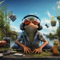 a frog wearing glasses and headphones is sitting on a stone Royalty Free Stock Photo