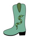 Trendy retro green cowgirl boot with snake. Wild west cowboy vintage shoe. Icon, sticker, emblem, logo design Royalty Free Stock Photo