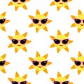 Seamless Pattern Sun with sunglasses and smile. Cartoon summer background. Vector illustration. Royalty Free Stock Photo