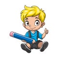 Happy school boy cartoon with big pencil Royalty Free Stock Photo