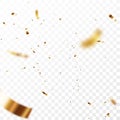 Gold confetti and ribbon, celebrations banner, isolated on transparent background