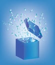 Open blue box with confetti Royalty Free Stock Photo