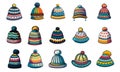 Cartoon colorful winter hats collection set vector illustration Royalty Free Stock Photo