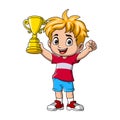 Cute little boy cartoon holding gold trophy