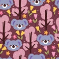 seamless pattern cartoon koala with flower and plant