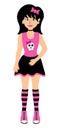 Cartoon teenage girl emo. Young woman with black hair wearing mini skirt, t-shirt with skull. Y2k 2000s style. Black and pink