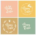 Set of Easter cards, posts. Happy easter typography with rabbit, bunny and floral elements. Pastel colours.