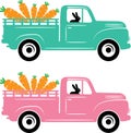 Easter truck carrot, farm truck, hello spring, tulips flower vector illustration file