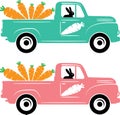 Easter truck carrot, farm truck, hello spring, tulips flower vector illustration file