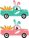 Easter truck carrot, farm truck, hello spring, tulips flower vector illustration file