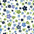 Cute blue and green daisy flowers and leaves vector seamless floral pattern on a white background. Simple, minimalist texture. Royalty Free Stock Photo