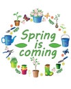 Spring Is Coming - vector color print with flowers, seedlings and gardening tools. Royalty Free Stock Photo