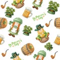 Vector watercolor seamless pattern for st patrick's day cute print with gnomes leprechauns green elements Royalty Free Stock Photo