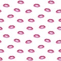 Seamless pattern with pink lipstick kisses.