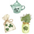 Vector watercolor saint patrick day elements cute teapot treat bag and green flower jar Royalty Free Stock Photo