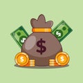 cartoon vector illustration of moneybag, coin, and money. Royalty Free Stock Photo