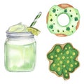 Vector watercolor saint patrick day elements cute green donut lucky cookie and green lemon juice glass jar Royalty Free Stock Photo