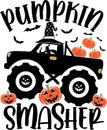 Pumpkin smasher monster truck, spooky season, wicked, halloween holiday, spooky cute vector illustration file Royalty Free Stock Photo