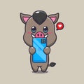 Cute boar with phone cartoon vector illustration. Royalty Free Stock Photo