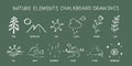 Set of simple nature elements doodle drawings on green chalkboard hand-drawn style vector design. Tree mountain Sun cloud wave Royalty Free Stock Photo