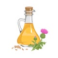 Milk thistle oil in glass jar. Vector cartoon illustration. Royalty Free Stock Photo