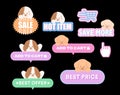 Cute sale icons of SALE, Hot Item, Add to Cart, Save More, Best Offer, Best Price, Click Here for online shopping Royalty Free Stock Photo