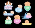 Sale icons with puppy design such as Must Have, Love This, Best Seller, Shop Now, 50% OFF, Click Here for online shopping Royalty Free Stock Photo