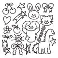 Doodle outlines of dinosaur, puppy, cat, rabbit, cherry, flower, heart, star, ribbon for colouring book, cartoon, summer, animal