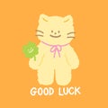 Cat, clover leaf and GOOD LUCK letters for card print, happy Chinese new year, cartoon character, comic