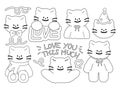 Cat character outlines for colouring book, cute animal sticker, brand logo, pet icon, vet, cartoon
