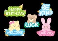 Badge designs of HAPPY BIRTHDAY, Be Kind, Luck, WELCOME, Love You with Teddy Bear, Cat, Bunny Royalty Free Stock Photo