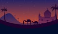 background with silhouettes of people, camels and a beautiful mosque at night