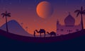 background with silhouettes of people, camels and a beautiful mosque at night