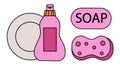 Dish Wash. Cleaning Tools Elements. Plate, washing up liquid, soap and sponge. Clean in Kitchen. Vector Flat illustration. Royalty Free Stock Photo