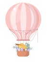 Cute cartoon chiken on air balloon with Easter eggs and flowers with spyglass Royalty Free Stock Photo