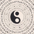 circle of Zodiac signs with hand-drawn yin yang oriental symbol Royalty Free Stock Photo