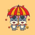 Cute couple donkey with umbrella at autumn season. Royalty Free Stock Photo